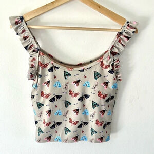 Kortni Jeane Taupe Moth Pattern Ruffle Strap Swim Tank Mix & Match Medium